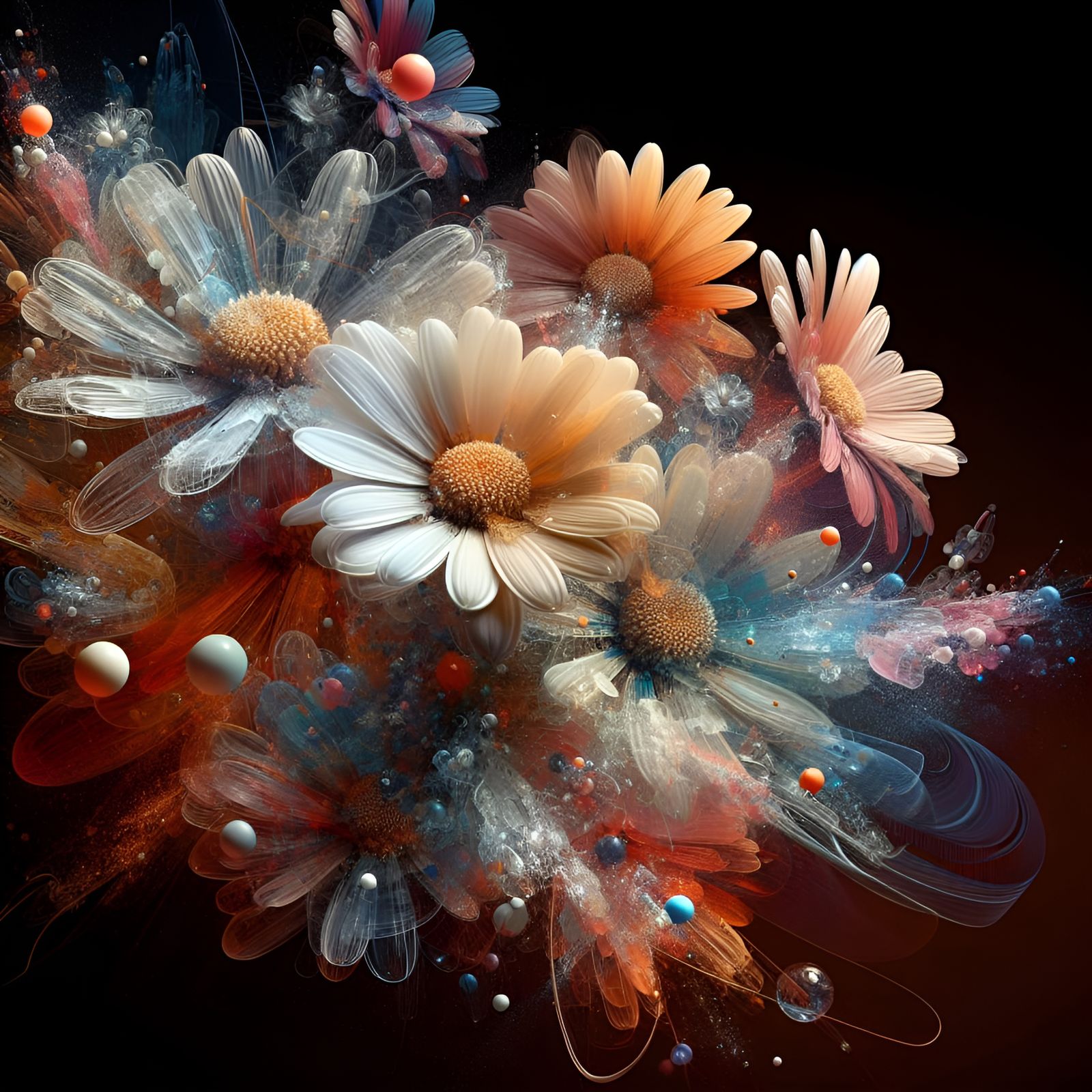 I see a transparent daisies flying on air.