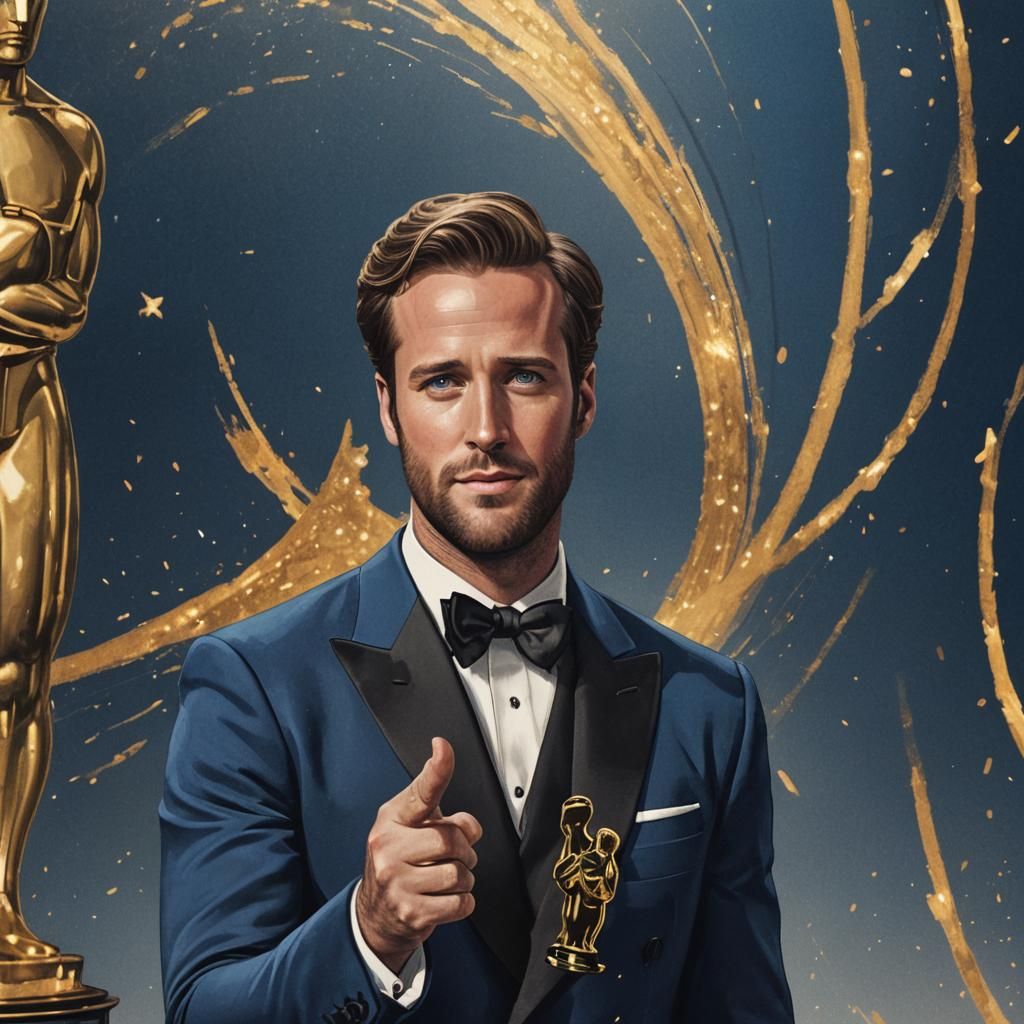 close up of Armie Hammer accepting his first Oscar in a deep blue tuxedo