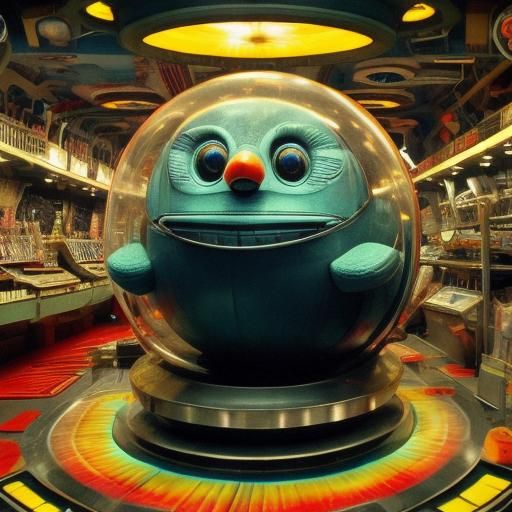 <lora:Candy Cosmos:1.0> A strange creature in vintage clothes inside a retro spacestation.