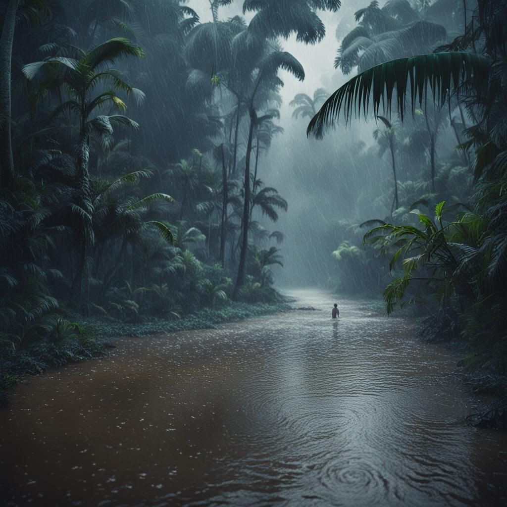 A rainy day in the Amazon Jungle Cinematic film still, shot on v-raptor XL, film grain, vignette, color ...  by @Oom Lilo
