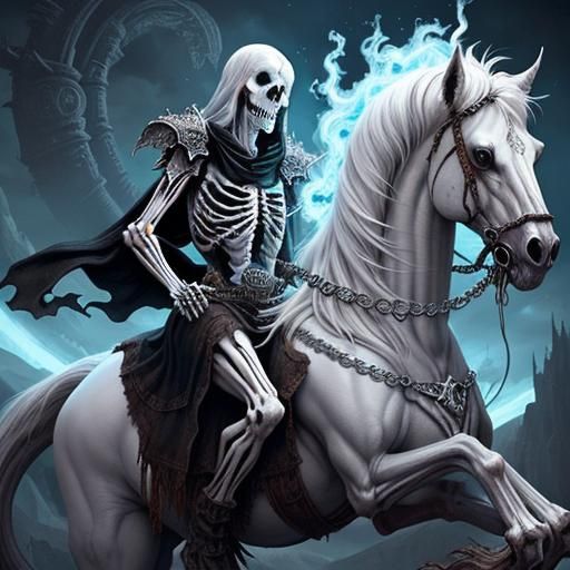 Skeleton wraith riding on the back of a white ghost horse with red ...