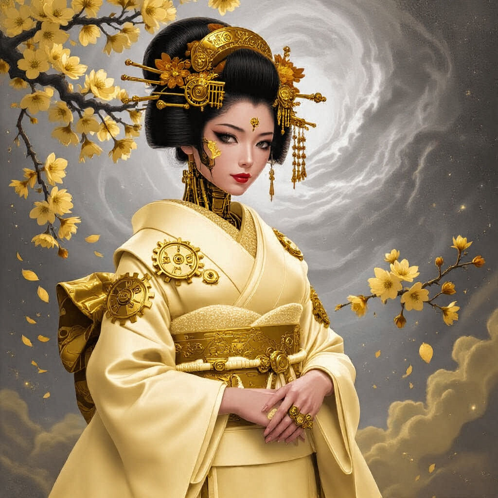 Imagine a hyperrealistic portrait of a cyborg geisha, adorned with intricate golden clockwork mechanisms and delicate cherry blossom motifs,...