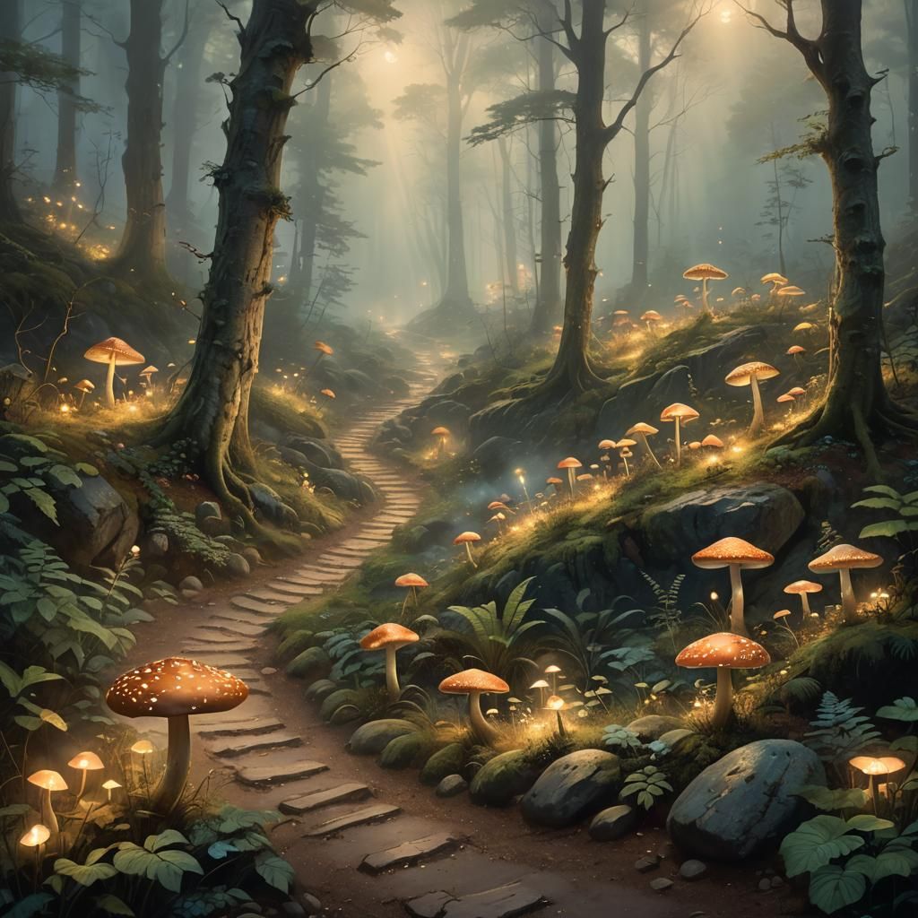 Ethereal Light Path Through Misty Forest