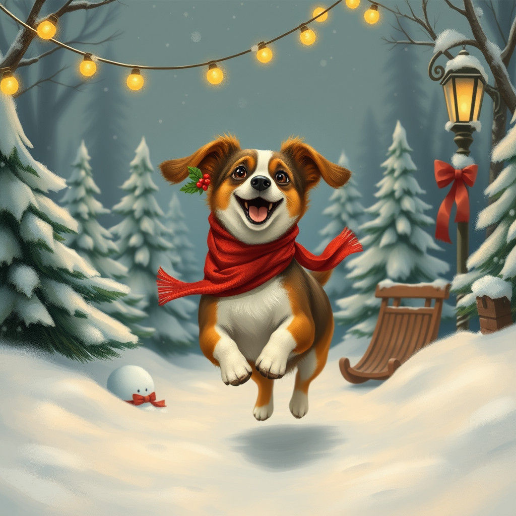A dog playing in the snow with christmas decorations around  by @Kelli Benjamin-Limae Creations