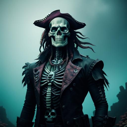 pirate zombie skeleton, cyberpunk, underwater coral cliffs C...
