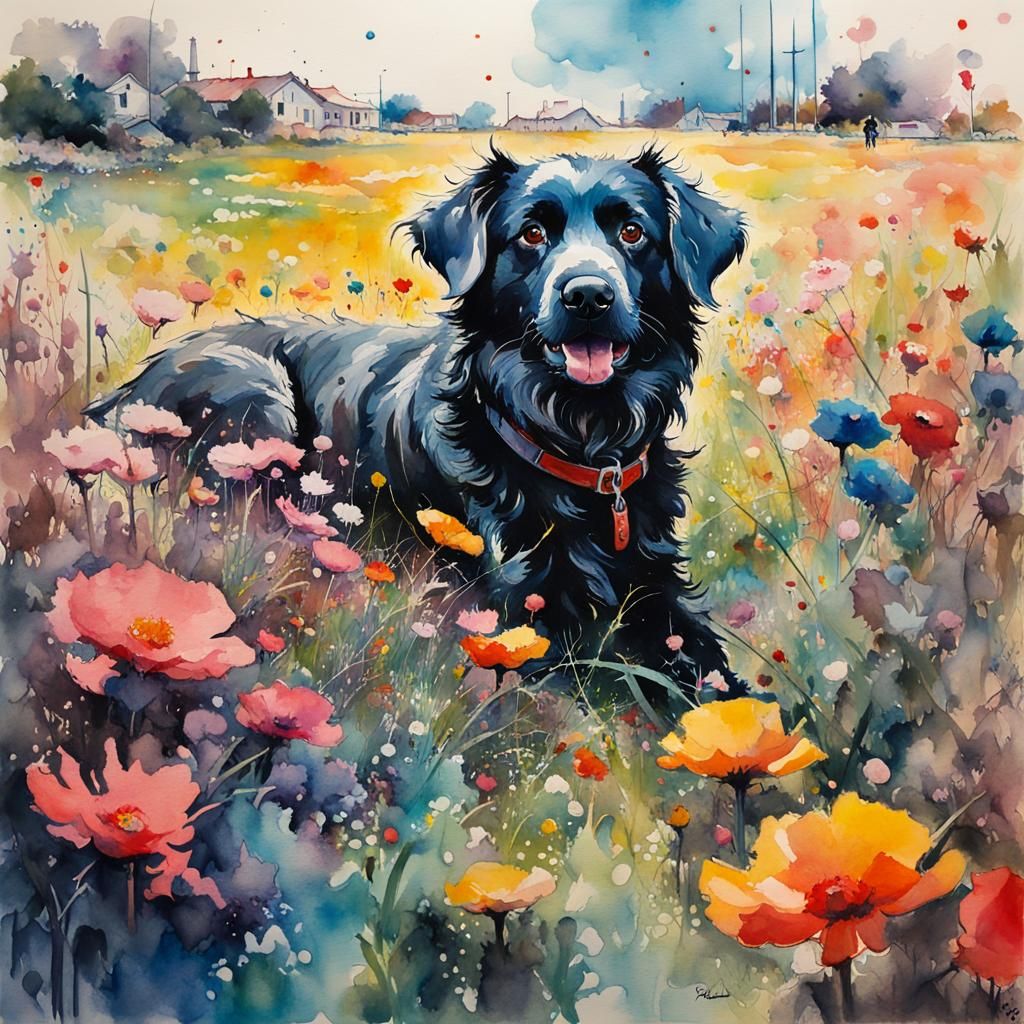Black Dog and His Floral Friends  by @Diana