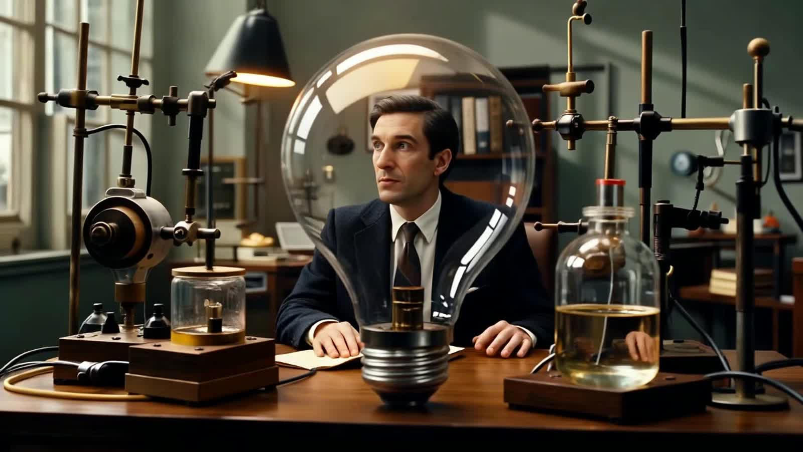 נורת ליבון שקופה ובתוך הנורה נראה משרד בו יושב תומאס אדיסון עם מכשירים וניסויים מעל ראשו מבריקה נורת רעיון ברקע אור זהוב...