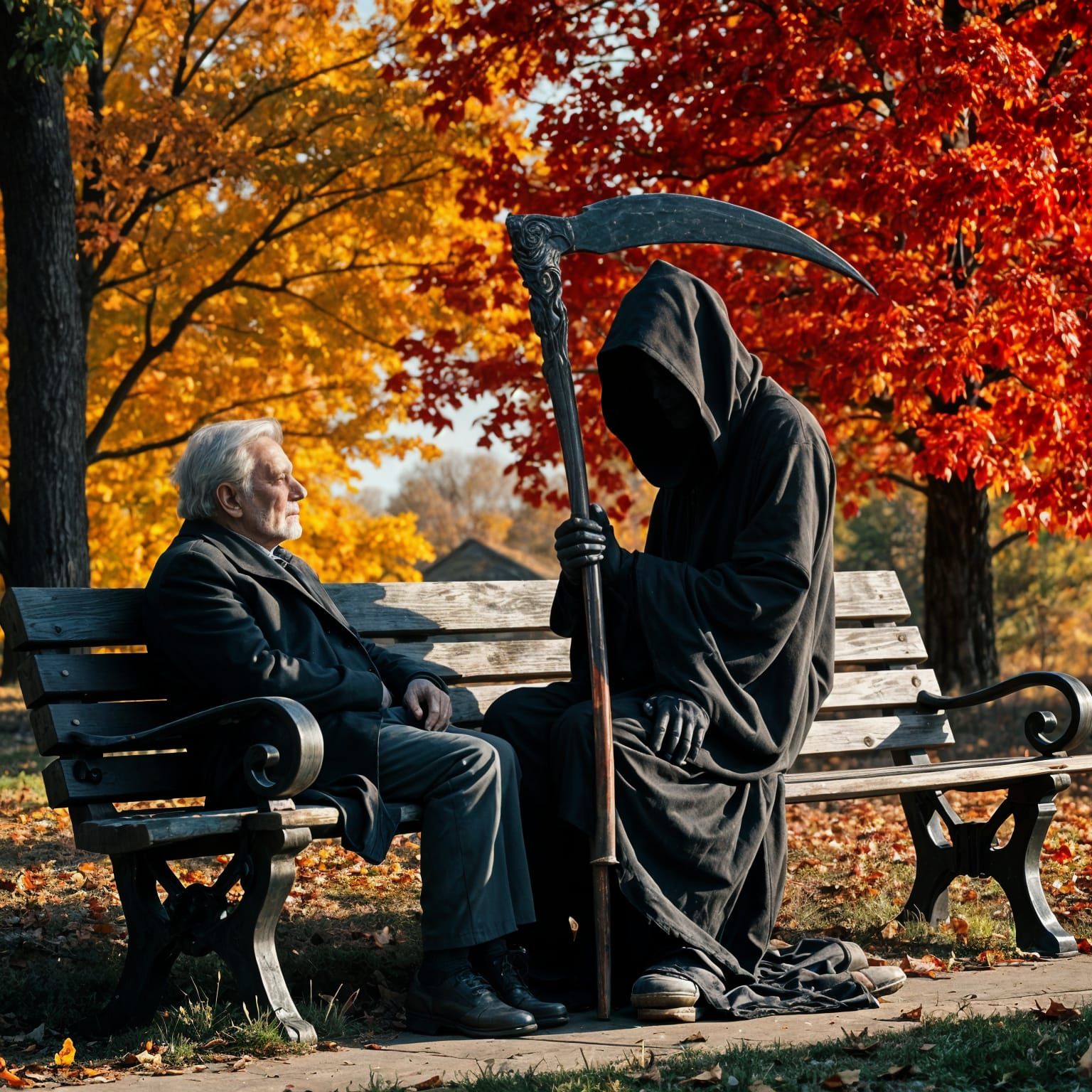 Grim Reaper holding a scythe sitting on a park bench with an elderly man sitting next to him, 16k resolution post processing, watercolors, a...