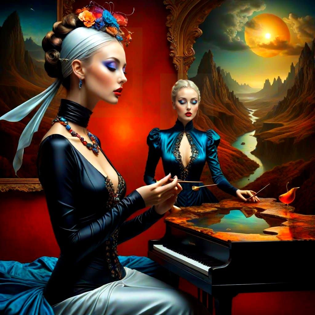 Surreal Lady in a Vibrant Triadic Landscape