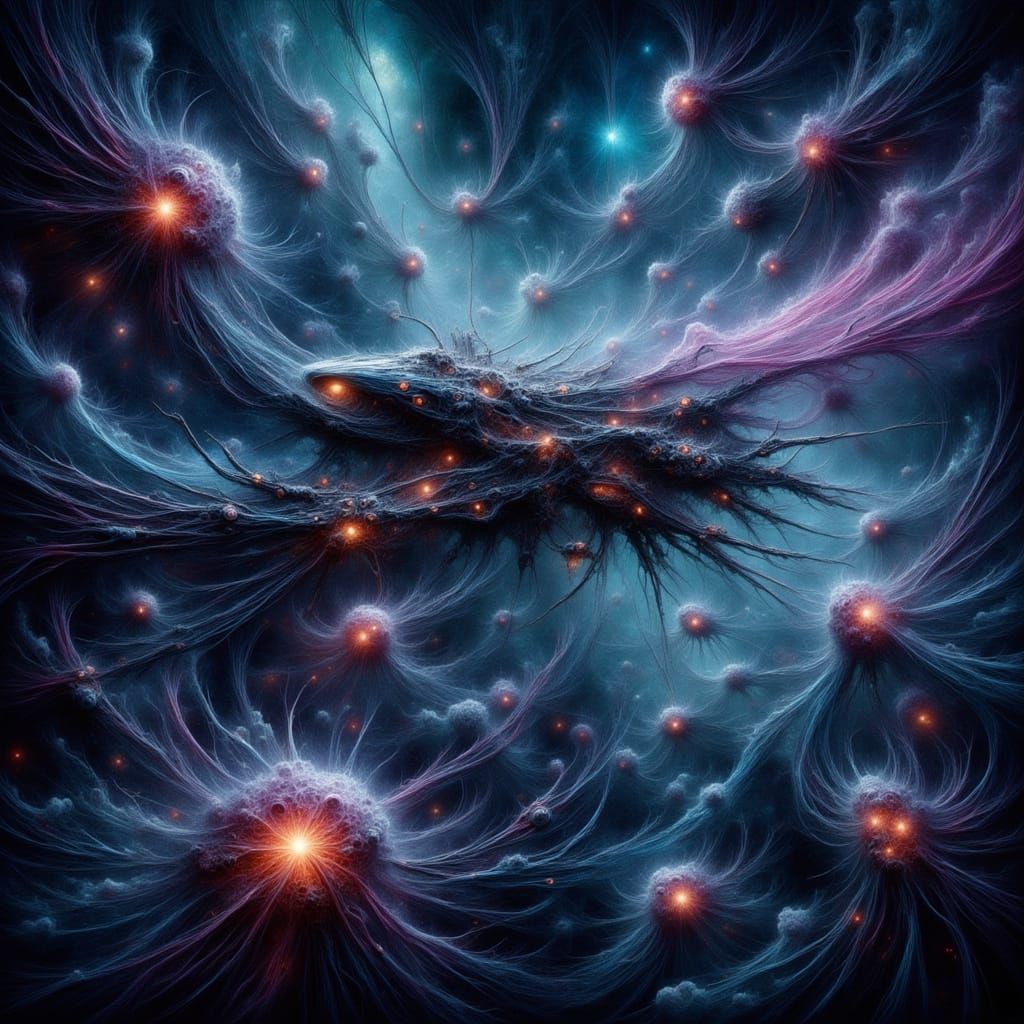 <lora:-Quantum Fluxus-:1.0> <lora:Macabre Flux:1.0> A spaceship surrounded by space-jellyfish floating through space passing a swirling nebu...