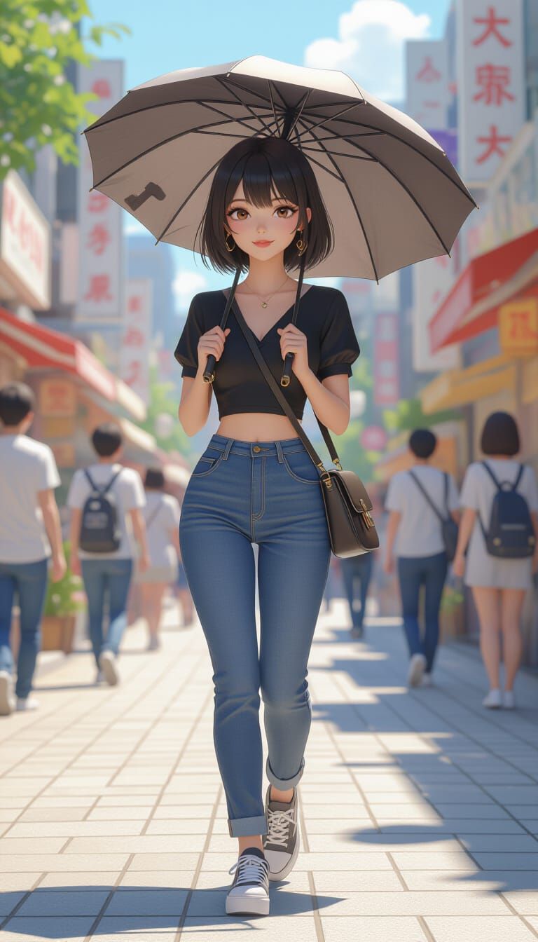 Thai Woman Walking in Harajuku with Parasol