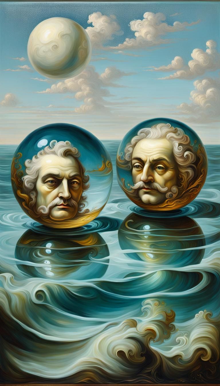 3D oil painting of two glass spheres with faces inside them ...