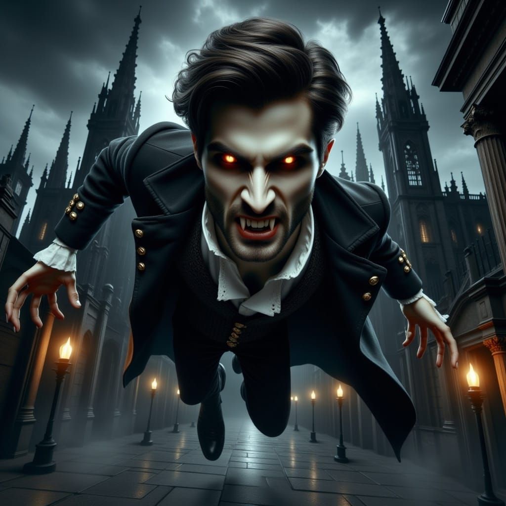 <lora:Flux Male Vampire:1.0> happy handsome Male vampire with glowing eyes floating mid air over London 1700s