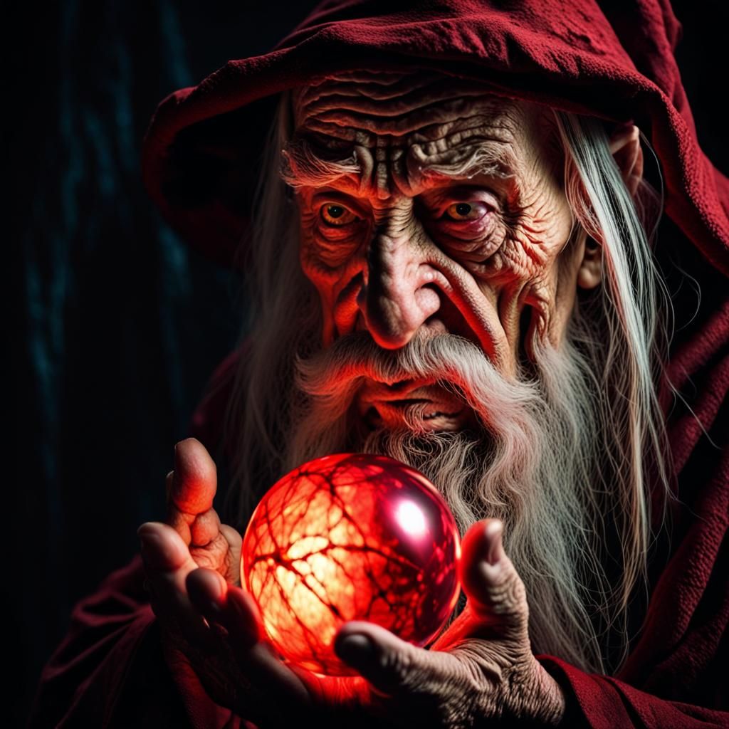 an old wrinkled wizard holding a magical glowing red orb up to his face  by @Jaybird