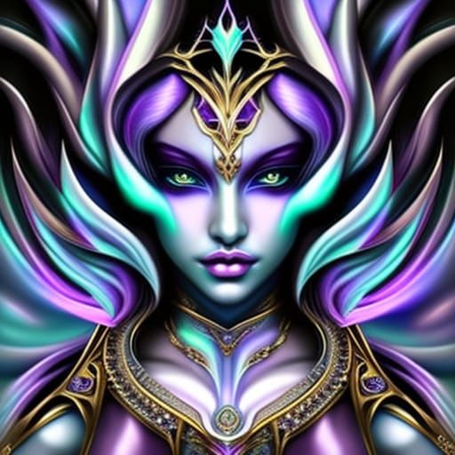 Noir painting of a beautiful pale Alien Woman dressed in Hau...