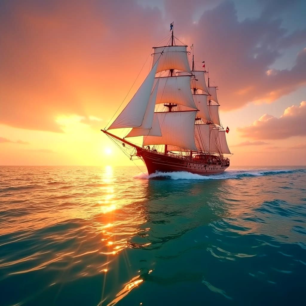 Sailship on the sea during sunset
