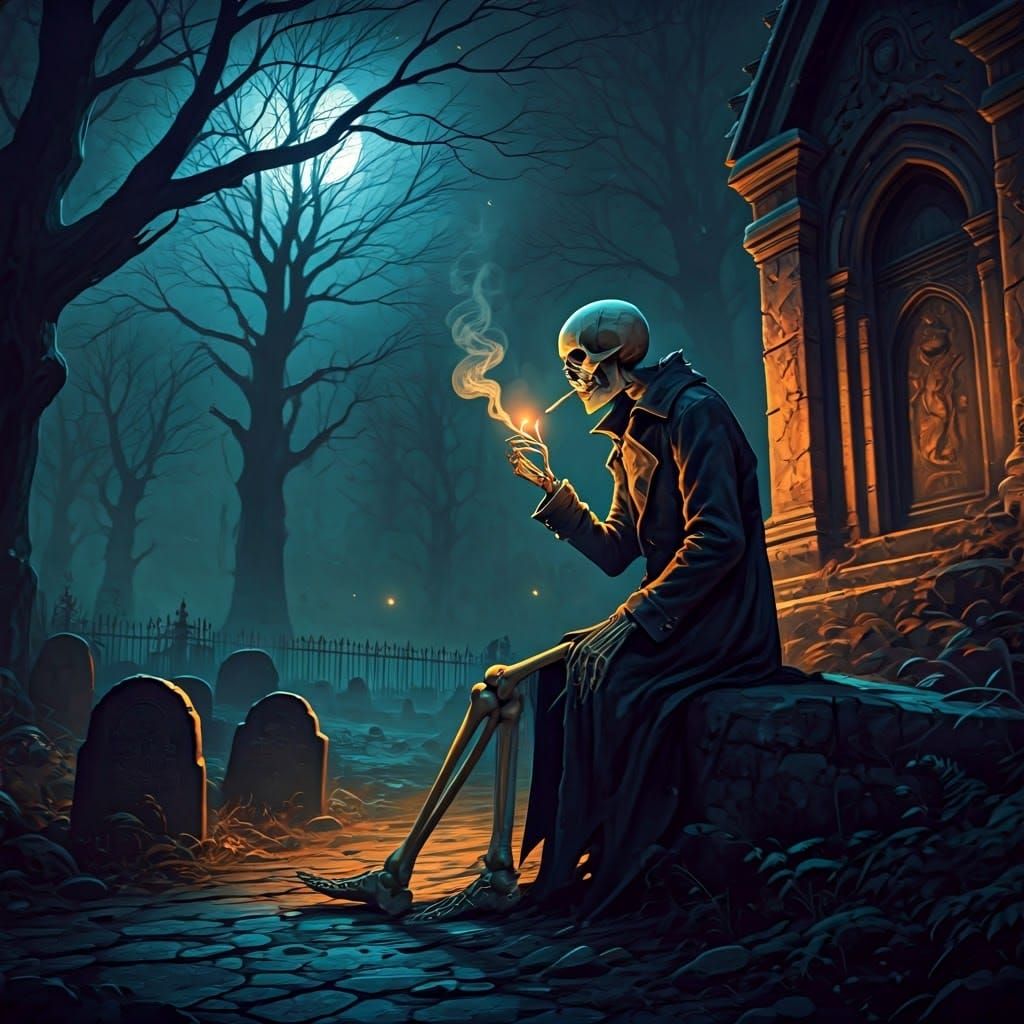 Skeleton sitting on a headtstone while smoke a cigarette