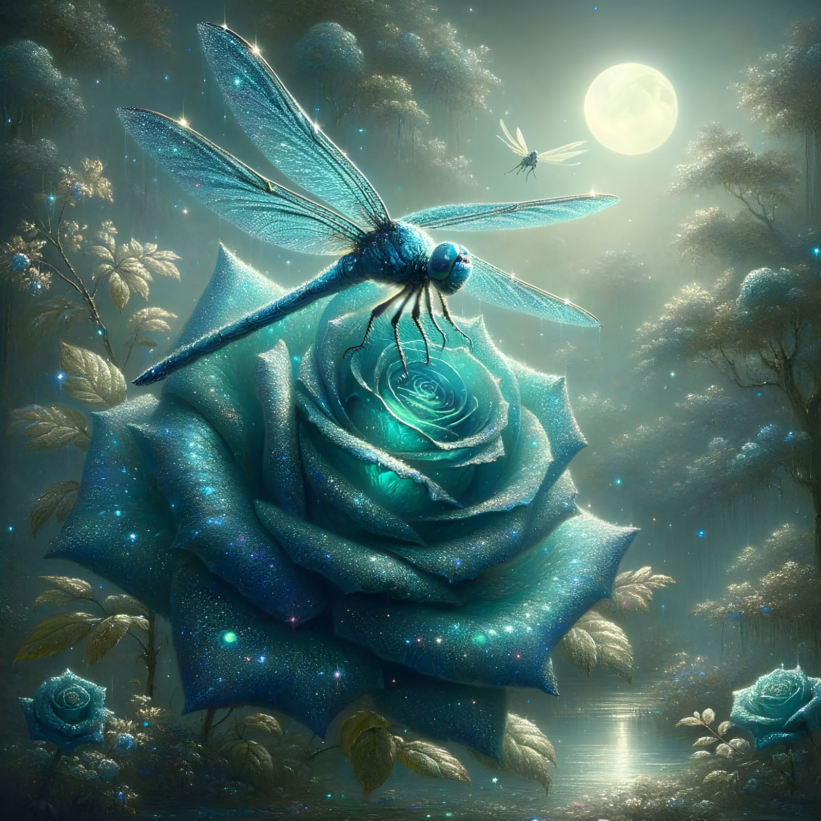 A large blue glittering dragon fly, flying around a large teal glittering rose, moon light shimmering ...  by @Irene