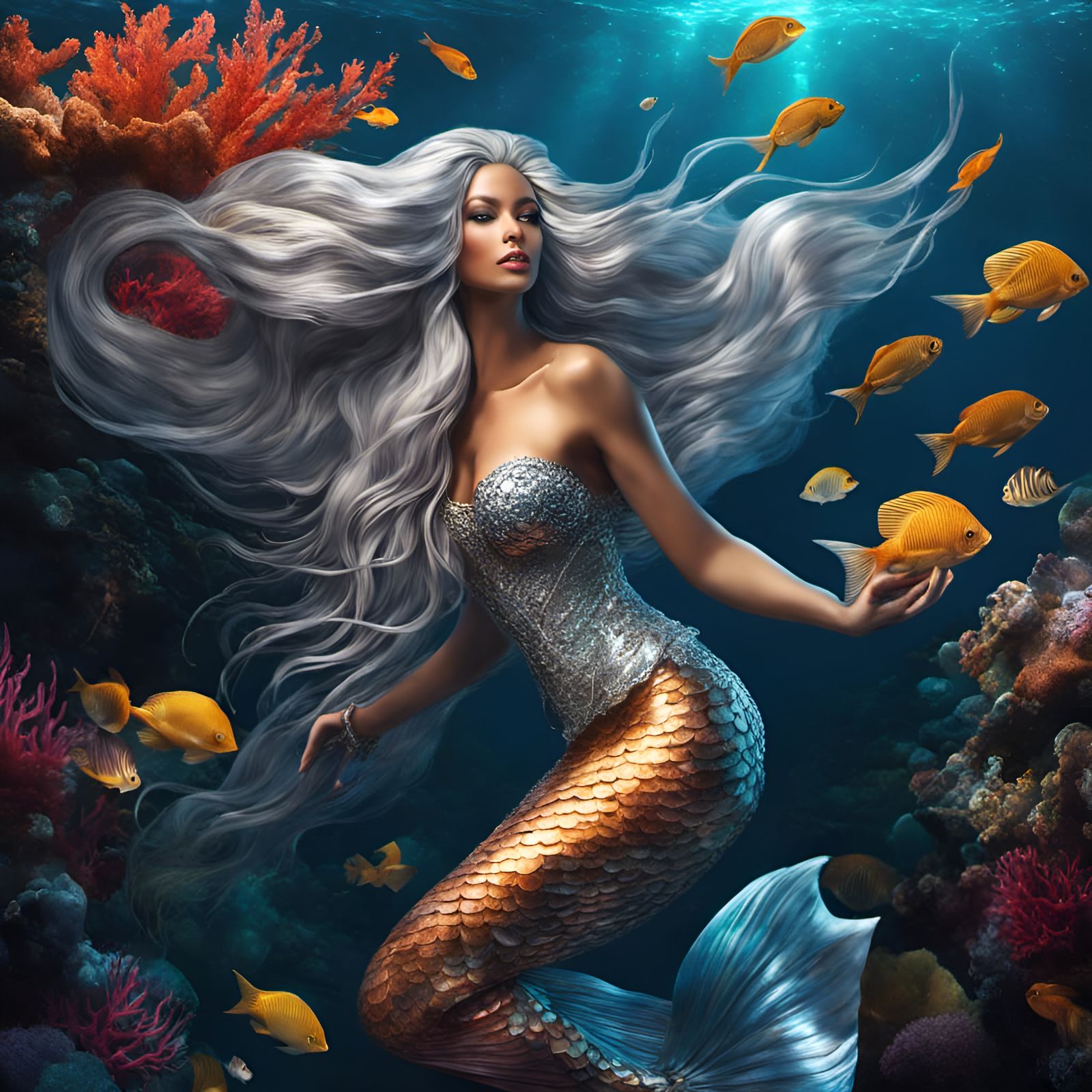 Beautiful mermaid with silver long hair    by @Shilla