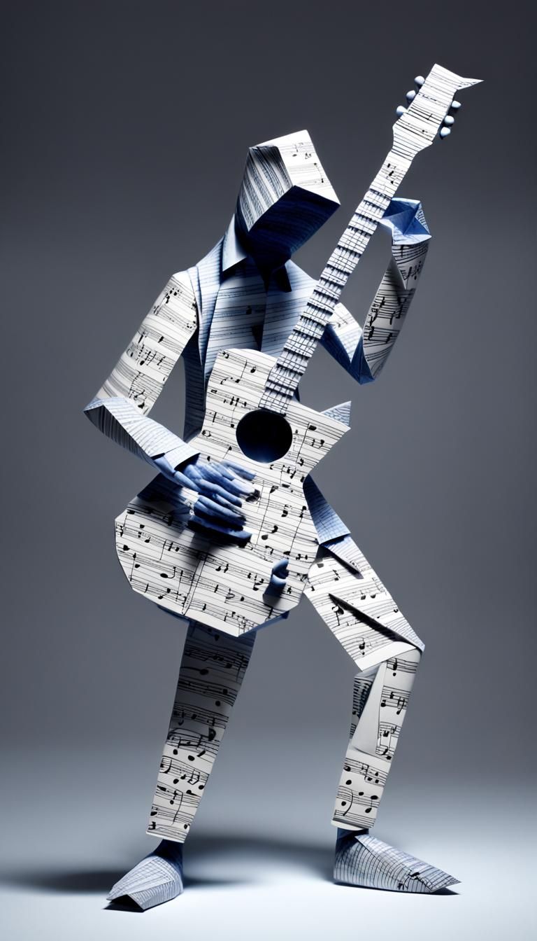 faceless human figure, crafted from intricately folded music...