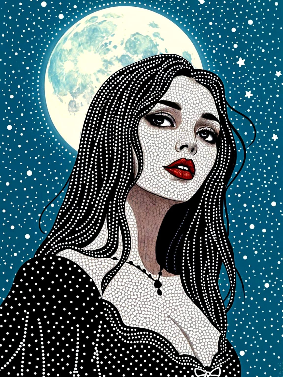 portrait of a beautiful gothic woman created entirely from dots of various sizes, dotted sky with a full ...  by @Golem