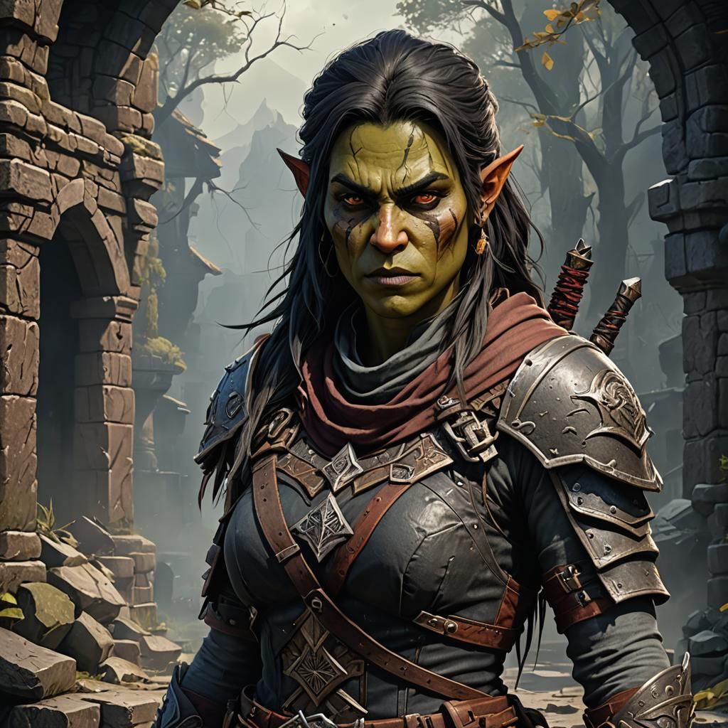a female half orc assassin rpg character portrait
