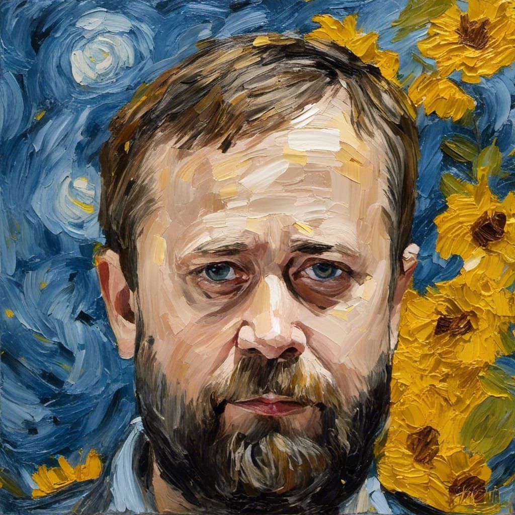 Portrait of <lora:maikl:0.8> in the style of Van Gogh. Self ...