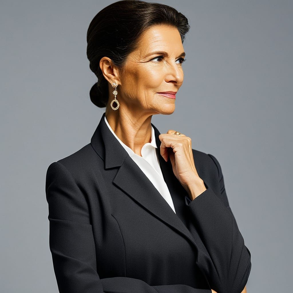 Profile shot of older woman in black business suit with earr...