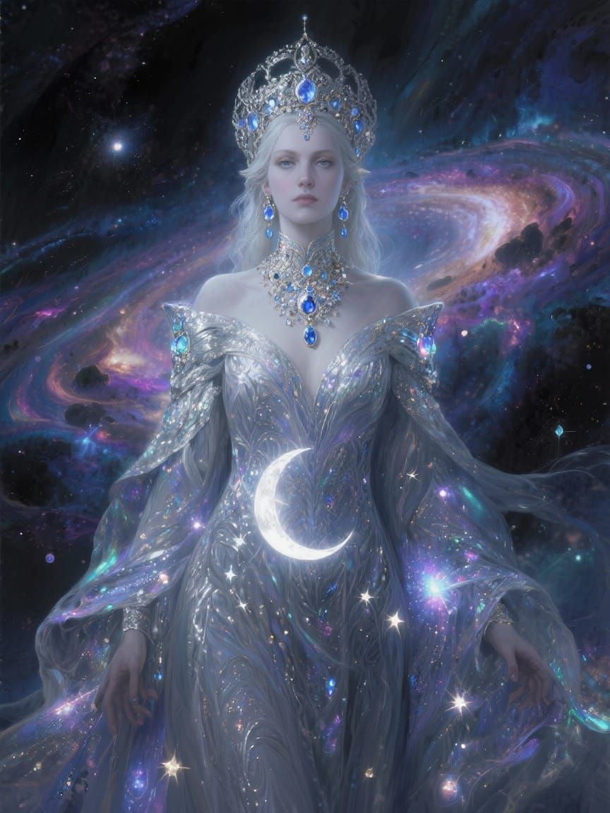A masterpiece portrait of a Space Queen, her gown woven from moonlight and stardust, adorned with intricate, glowing jewels. Her gaze is ser...
