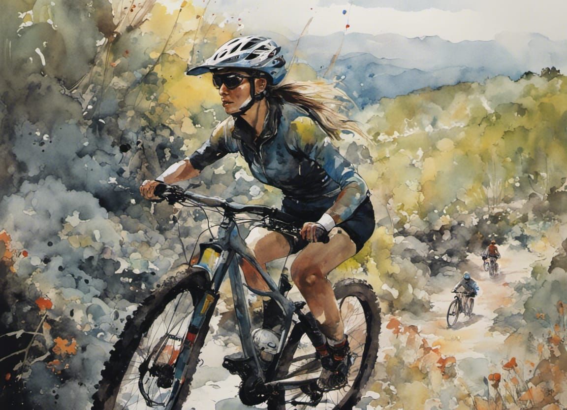 Woman mountain biker riding her bike up the hill  by @That cinema teacher