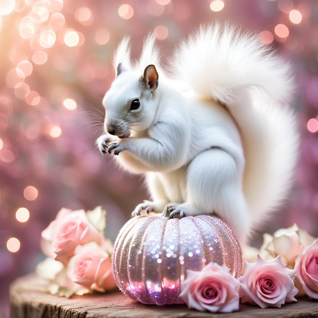 A white squirrel with a big fluffy white tail and a pink bow...