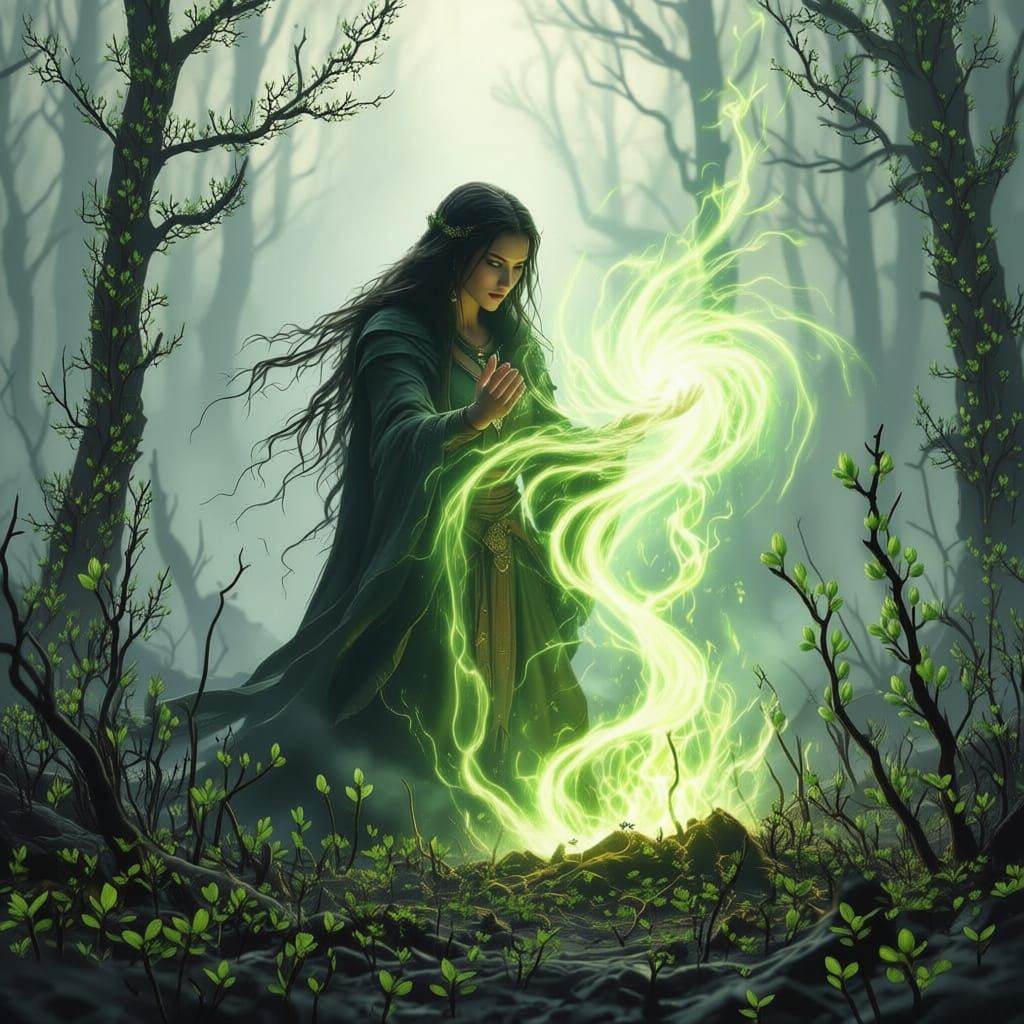 Long shot. The camera faces an ancient druid with a look of dire concentration on her face. With her hands raised she wills fresh growth fro...
