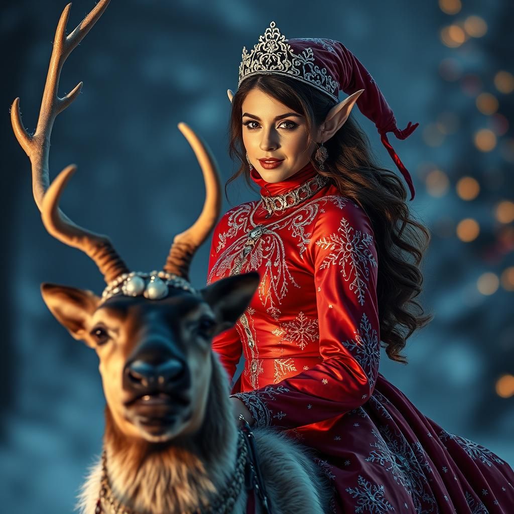 hyperrealistic, beautiful woman,  elf,  intricate shiny xmas dress, riding a reindeer,