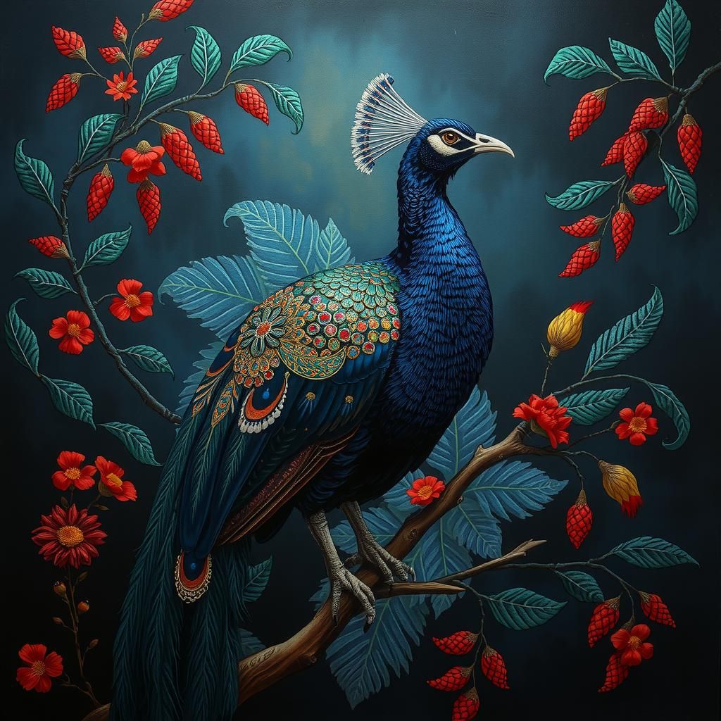 Ornate peacock on branches