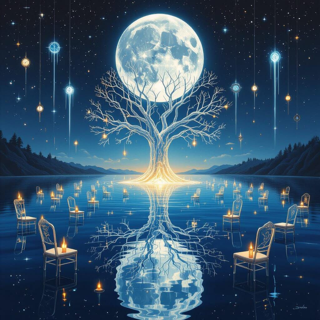 Cosmic Lake with Glass Tree and Cracked Moon