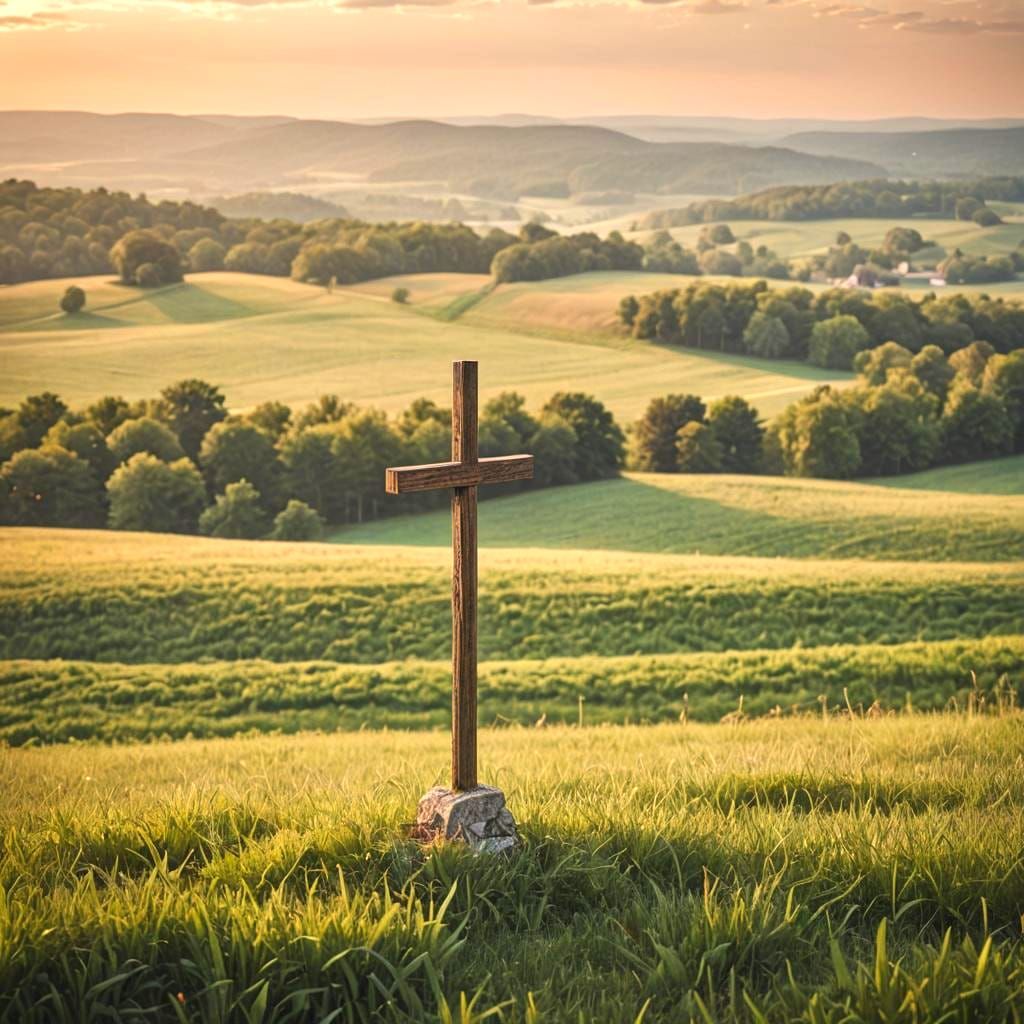 One tall wooden cross standing atop a grassy hill overlookin...
