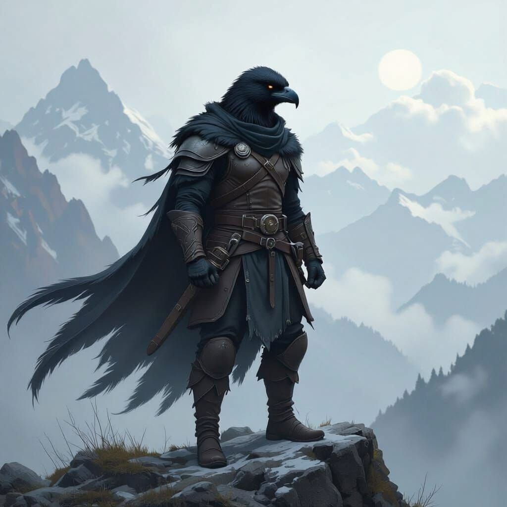 A bold aarakocra fighter with black feathers and leather armor, standing on a misty mountain peak