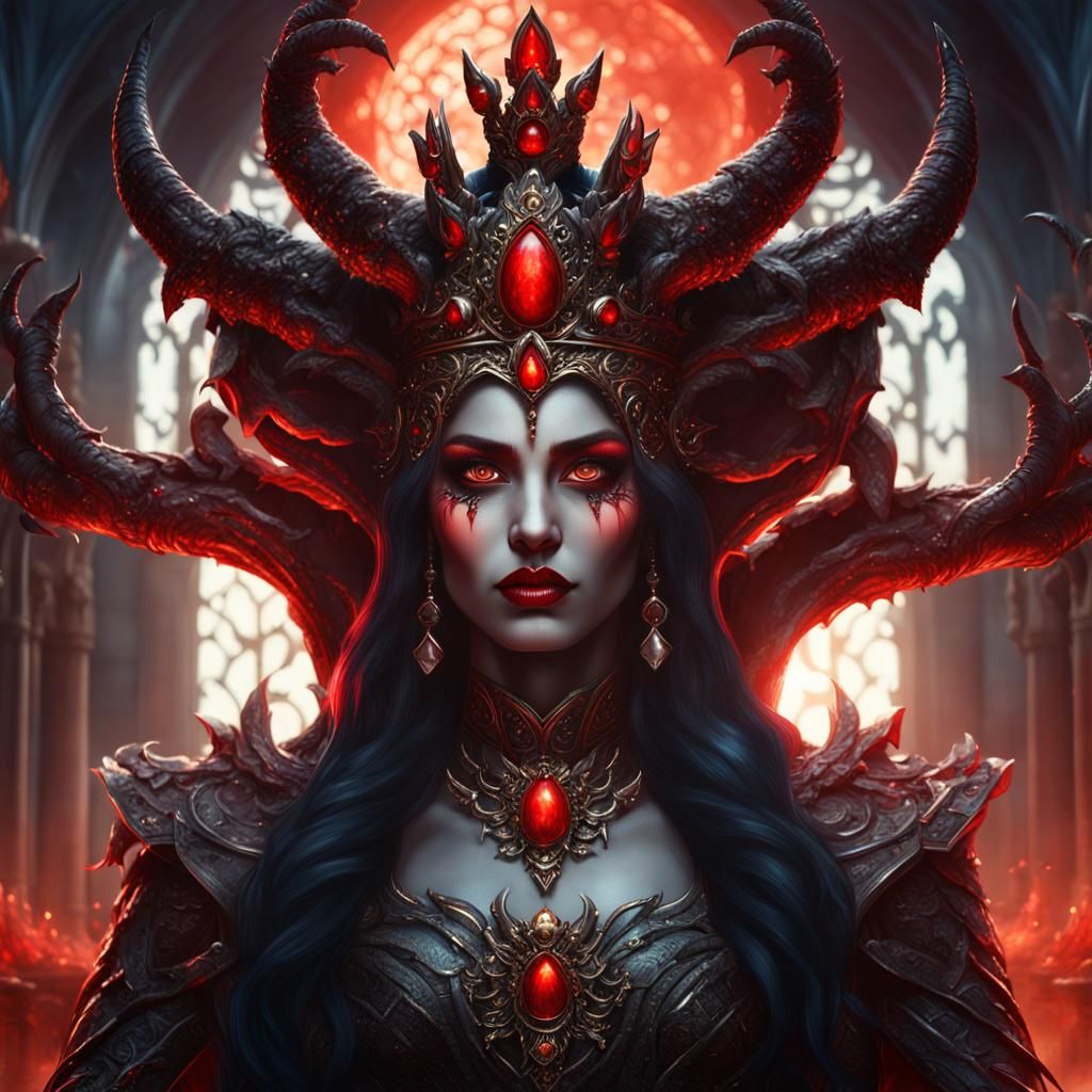 Photorealistic portrait of a majestic evil demon queen goddess with ...