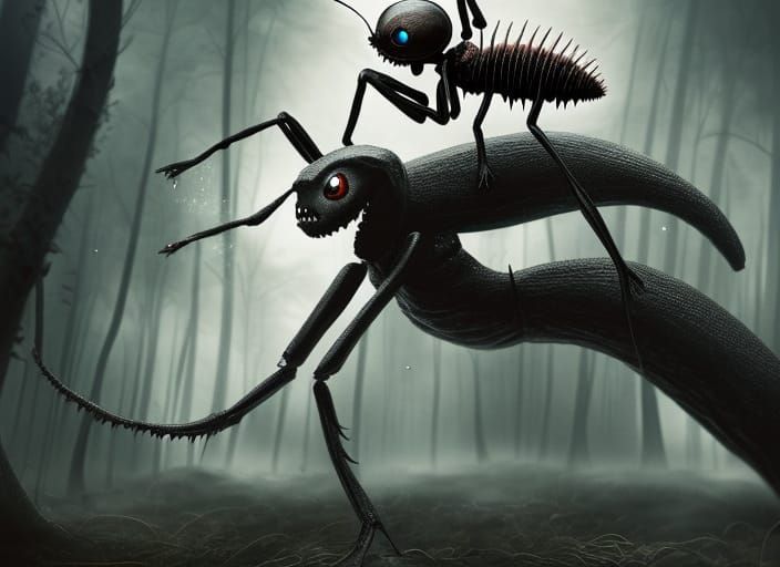 Girl toddler riding giant ant