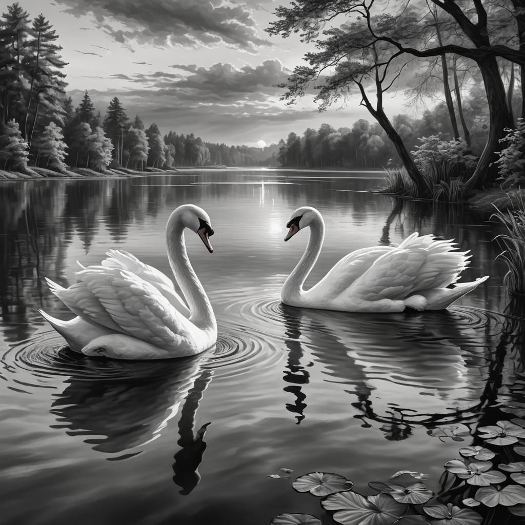 sunset on the lake, around the lake forest, in the center of the lake a pair of swans, monochrome image ...  by @undefined