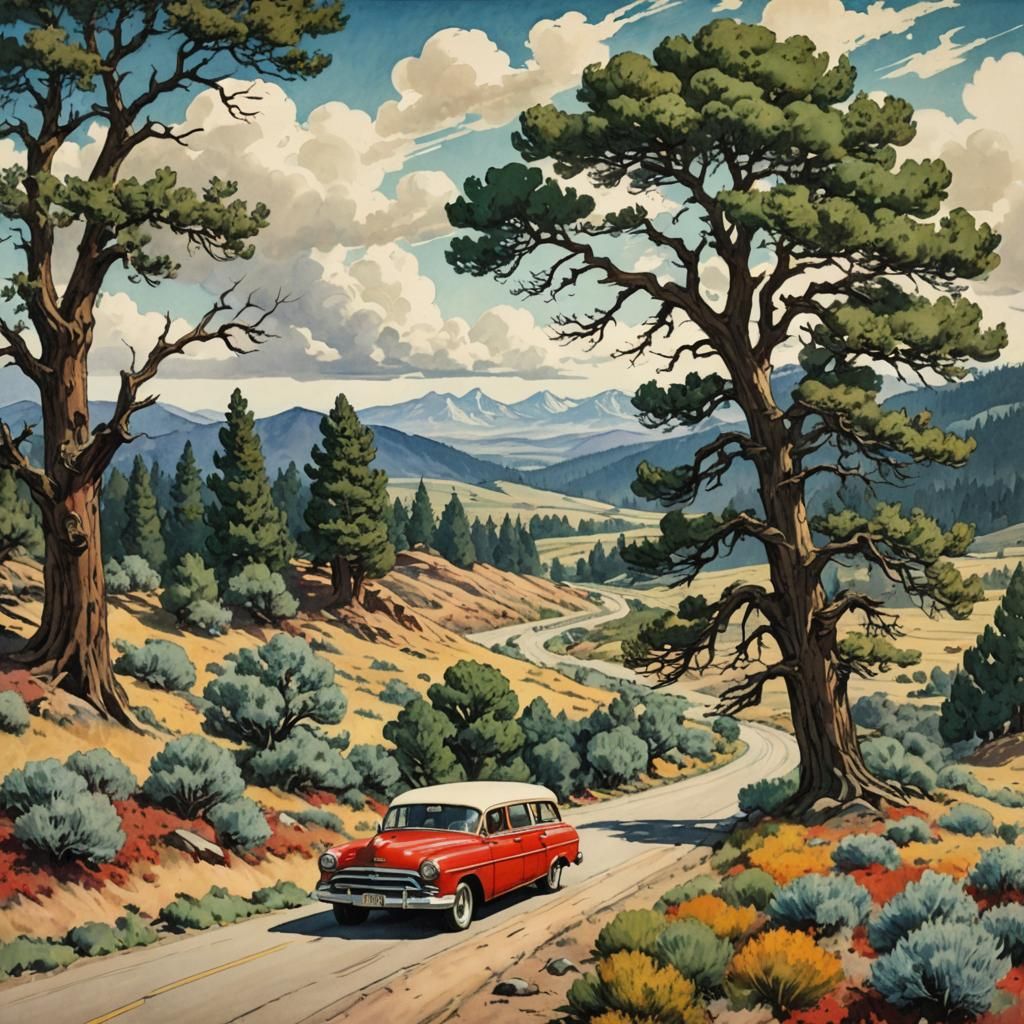 1950s red station wagon drives along a country road in Oregon  by @Dhyana