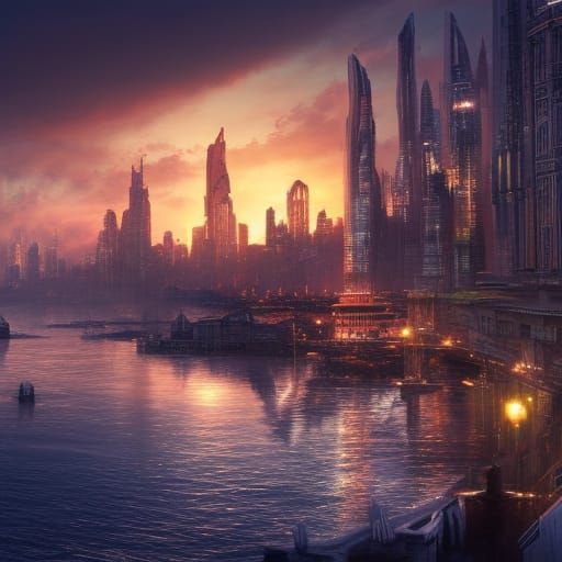 City skyline across the water at sunset