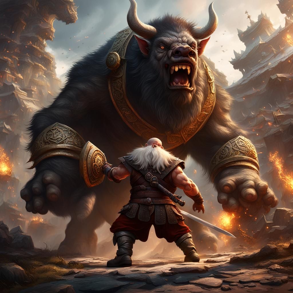 Dwarf monk fighting with a giant boar.