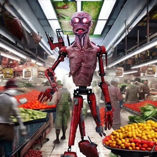 Hieronymus Bosch style: Humanoid robotic cyborgs made from r...
