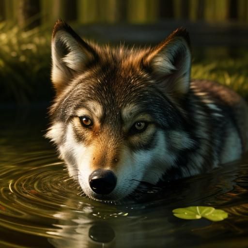 Sideview profile Closeup portrait shot of a Wolf pup on a bank looking down at its reflection in a pool of water. In a  warm misty atmospher...