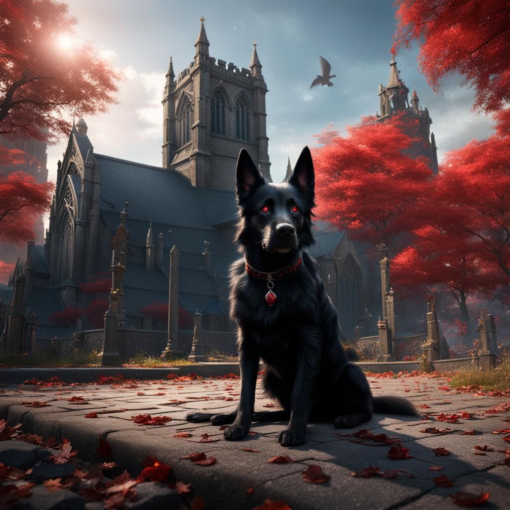 BLACK DOG WITH RED EYES IN CHURCH GROUNDS