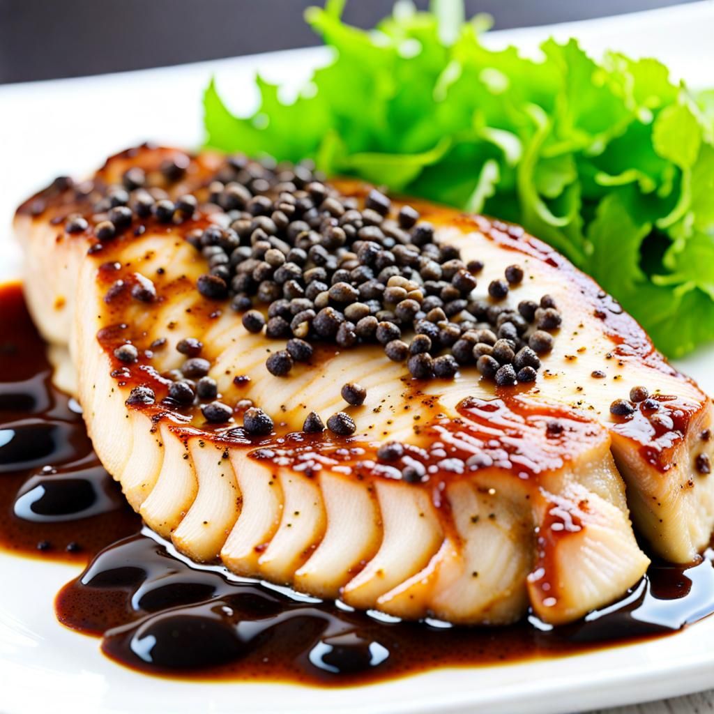 Fish steak with black pepper sauce AI Generated Artwork NightCafe