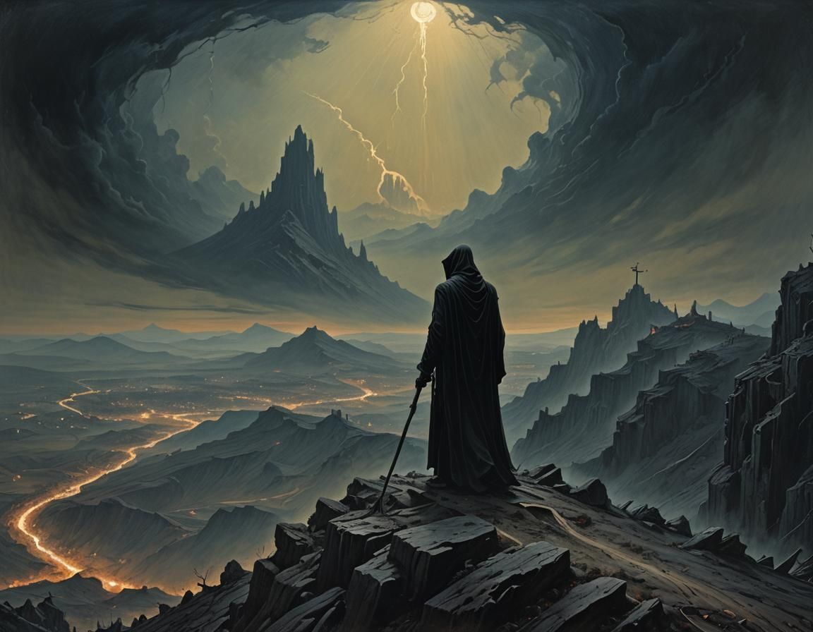 Grim reaper standing on top of a high mountain , staring out...