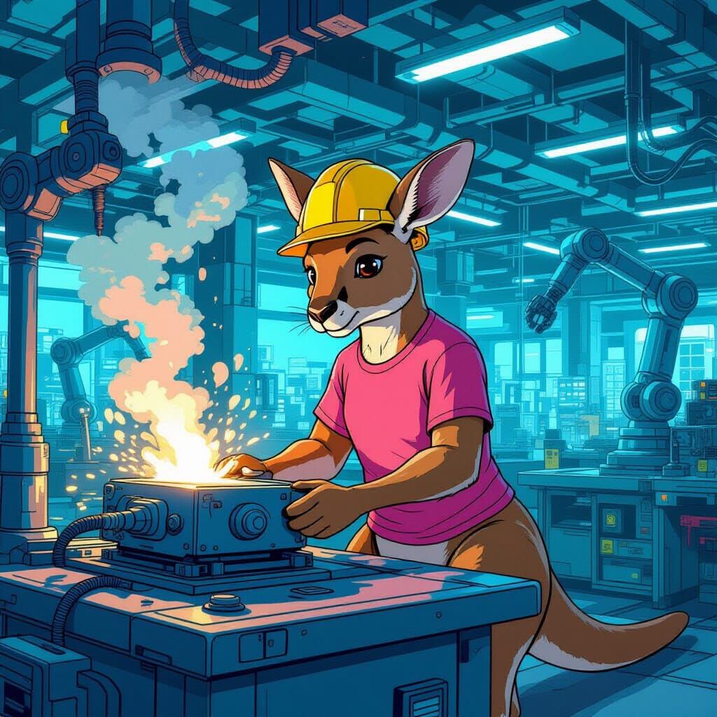 A kangaroo with a pink shirt on wearing a yellow work hat working in a factory 