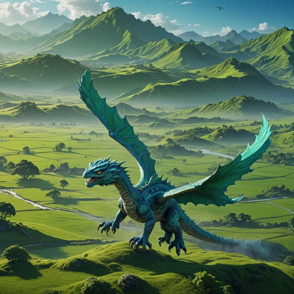 One Light blue Taniwha flying in the sky above bright green ...